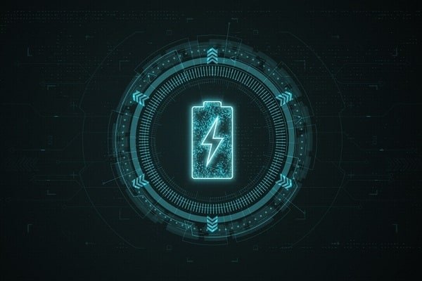Futuristic circular HUD surrounds a glowing battery with a lightning bolt in the center, symbolizing energy.