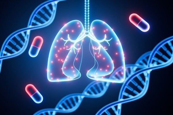 Illustration of lungs with DNA strands and scattered capsules, symbolizing genetics and respiratory medicine.