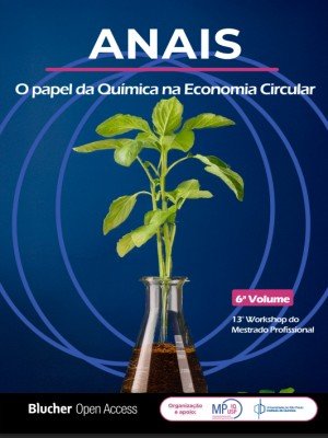 Book cover for Anais: green plant in a glass vase on a blue background with circular rings, subtitle 'O papel da Quimica na Economia Circular', 6th Volume.