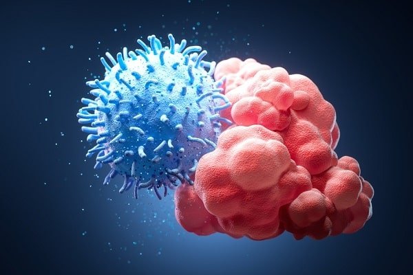 Blue spiky virus particle near a pink cellular mass, illustrating virus–cell interaction against a dark blue background