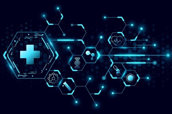Digital health illustration with glowing hexagonal icons, a medical cross, DNA strand, syringe, pill and heartbeat line connected by blue circuits on a dark background.
