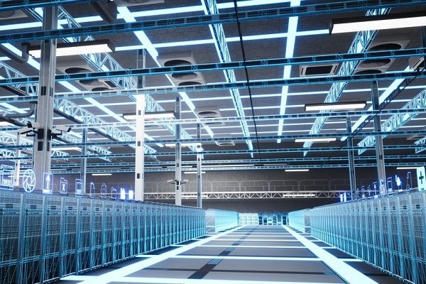 Data center aisle with long rows of server racks and blue neon ceiling lights