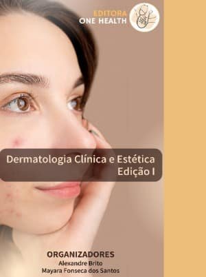 Front cover of a book: Dermatologia Clínica e Estética, Edição I; organizers Alexandre Brito and Mayara Fonseca dos Santos; logos in the top corners.