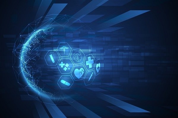 Futuristic blue digital globe with interconnected medical icons (pill, heart, cross) forming a network in a neon glow.