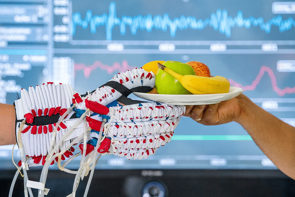 Robotic hand offering a plate of fruit to a person, with medical monitors and graphs in the background.