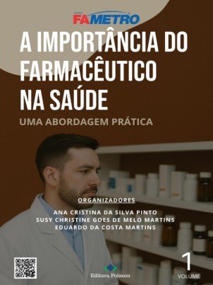 Capa de revista sobre a importância do farmacêutico na saúde, com farmacêutico em farmácia ao fundo e código QR.