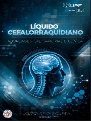 Book cover: blue-toned profile of a head with a visible brain inside a circle, title 'Líquido cefalorraquidiano' and subtitle 'Abordagem Laboratorial e Clínica'
