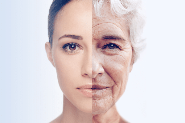 Portrait of a young woman's left half and an older woman's right half illustrating aging over time.