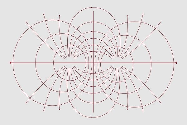 Intricate red geometric pattern with intersecting circles and lines forming a symmetrical lens shape on a light gray background.