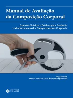 Book cover for 'Manual de Avaliação da Composição Corporal' in Portuguese; blue design, with a hand using a skinfold caliper.”