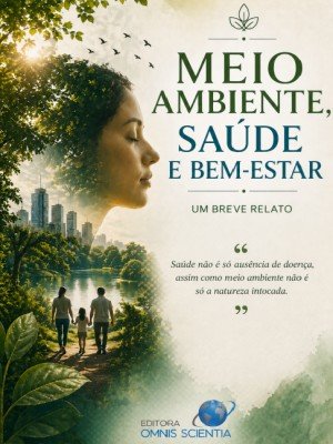 Book cover for Meio Ambiente, Saúde e Bem-Estar showing a woman's profile amid nature with a distant cityscape.