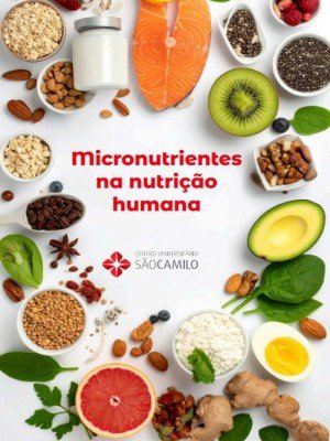 Colorful border of foods (fruits, nuts, seeds, dairy) framing the title 'micronutrientes na nutrição humana' and the Centro Universitário São Camilo logo.