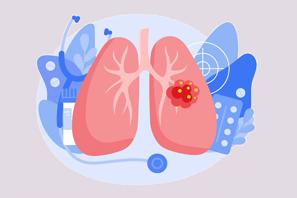 Illustration of a pair of pink lungs with a red tumor on the right lung, surrounded by blue medical equipment and devices.