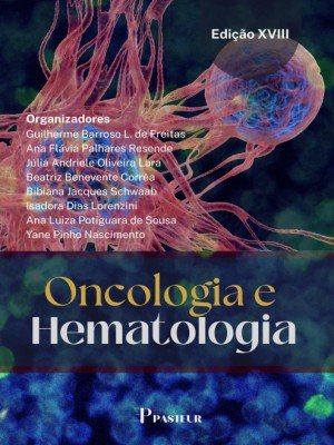 Book cover for 'Oncologia e Hematologia' Edicao XVIII, with editors listed on the left; blue background with pink coral-like shapes and a Pasteur logo at the bottom.