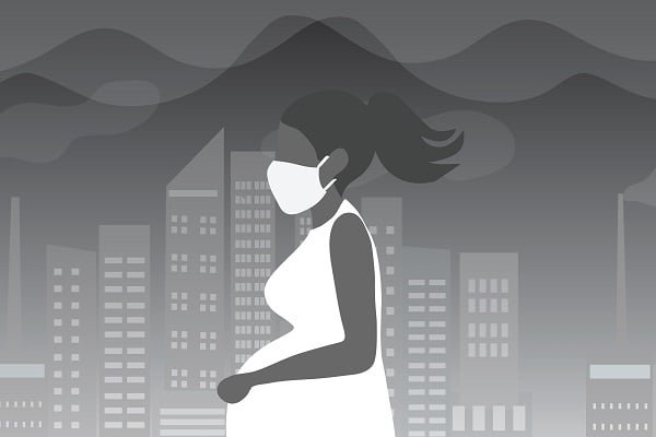 Illustration of a woman wearing a face mask in a city skyline, conveying health precautions or pollution awareness.