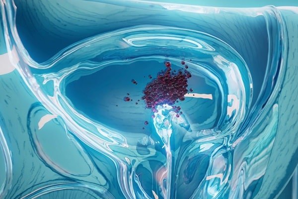 Abstract close-up of a blue, glossy liquid swirl with a small cluster of purple particles near the center.