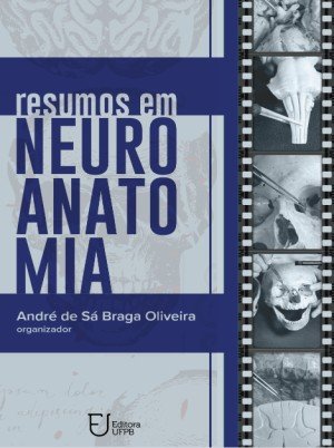 Book cover titled 'Resumos em Neuroanatomia' in bold blue letters on a blue and light gray design; author André de Sá Braga Oliveira; filmstrip of grayscale anatomical images along the right edge; publisher logo 'Editora UFPB' at bottom.