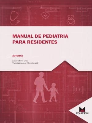 Portada de libro titulada 'Manual de Pediatría para Residentes', con banda blanca y siluetas de un adulto y un niño, fondo rojo y logotipo EDUFTM.