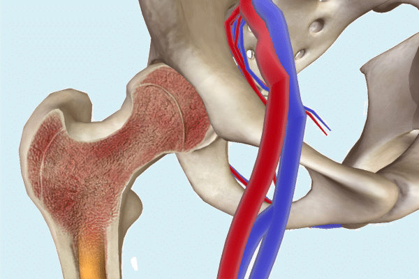 Anatomical illustration of the hip joint showing the femoral head fitting into the acetabulum with surrounding red arteries and blue veins.