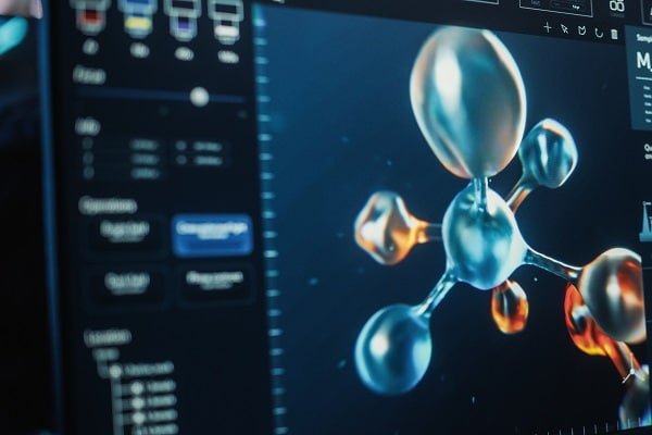 3D molecular model on a computer screen with blue and orange spheres and bonds, in a science UI