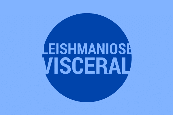Blue circular logo on a light blue background with the words 'LEISHMANIOSE VISCERAL' in bold light-blue letters.