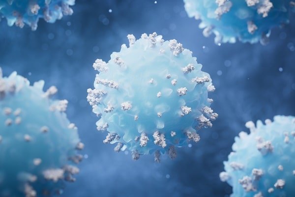 Blue spherical virus particle with white spike proteins against a blue background (virus-like illustration).